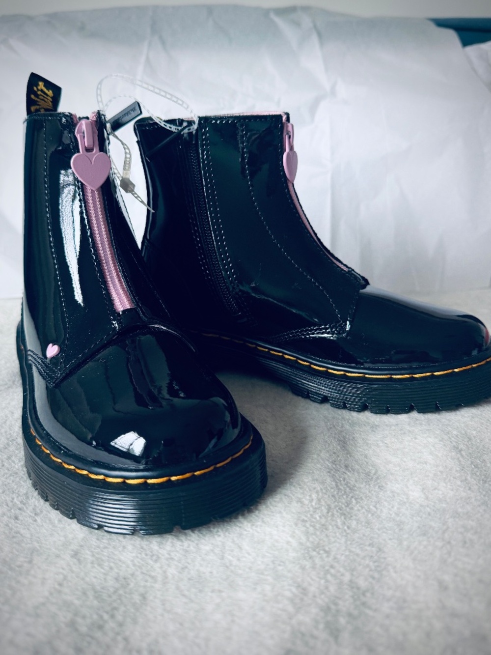 Dr. Martens | Bex Heart Zip Boot | Black Patent Leather with Pink Heart Details